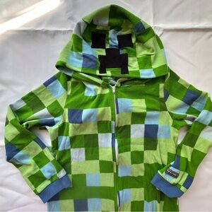 Minecraft hooded full zip fleece footless pajamas boys L green & blue
